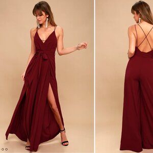 Lulus Sexy Backless Jumpsuit, Wine Red Wide Leg Cocktail Jumpsuit SMALL
